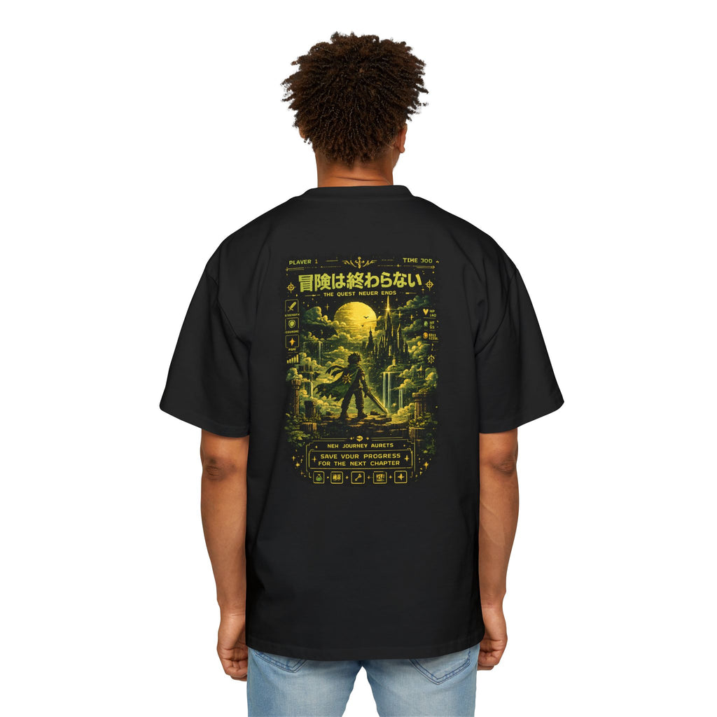 Merch Lobby™ - The Quest Never Ends Oversized T-Shirt (Retro Pixel RPG Graphic Tee)