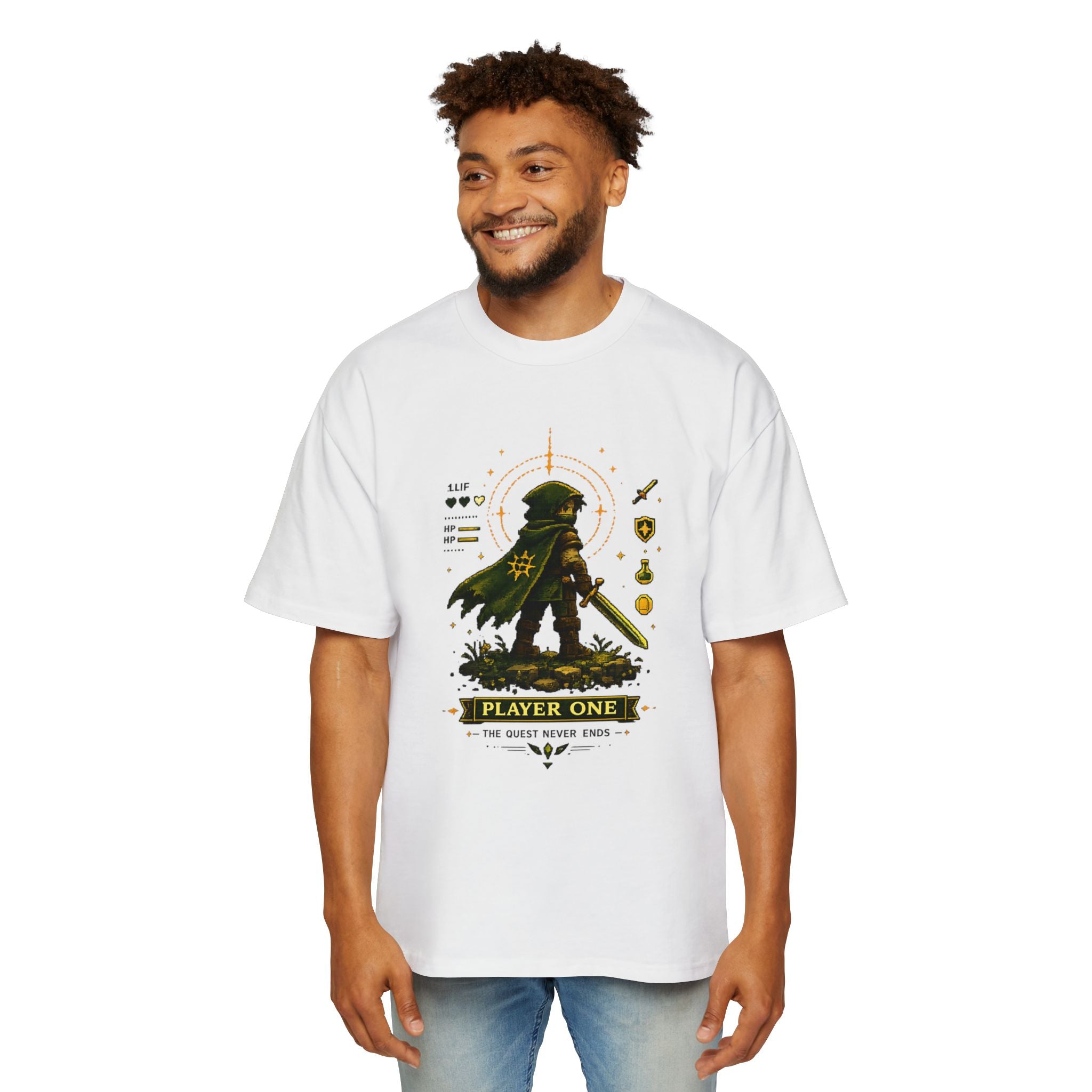 Merch Lobby™ - The Quest Never Ends Oversized T-Shirt (Retro Pixel RPG Graphic Tee)