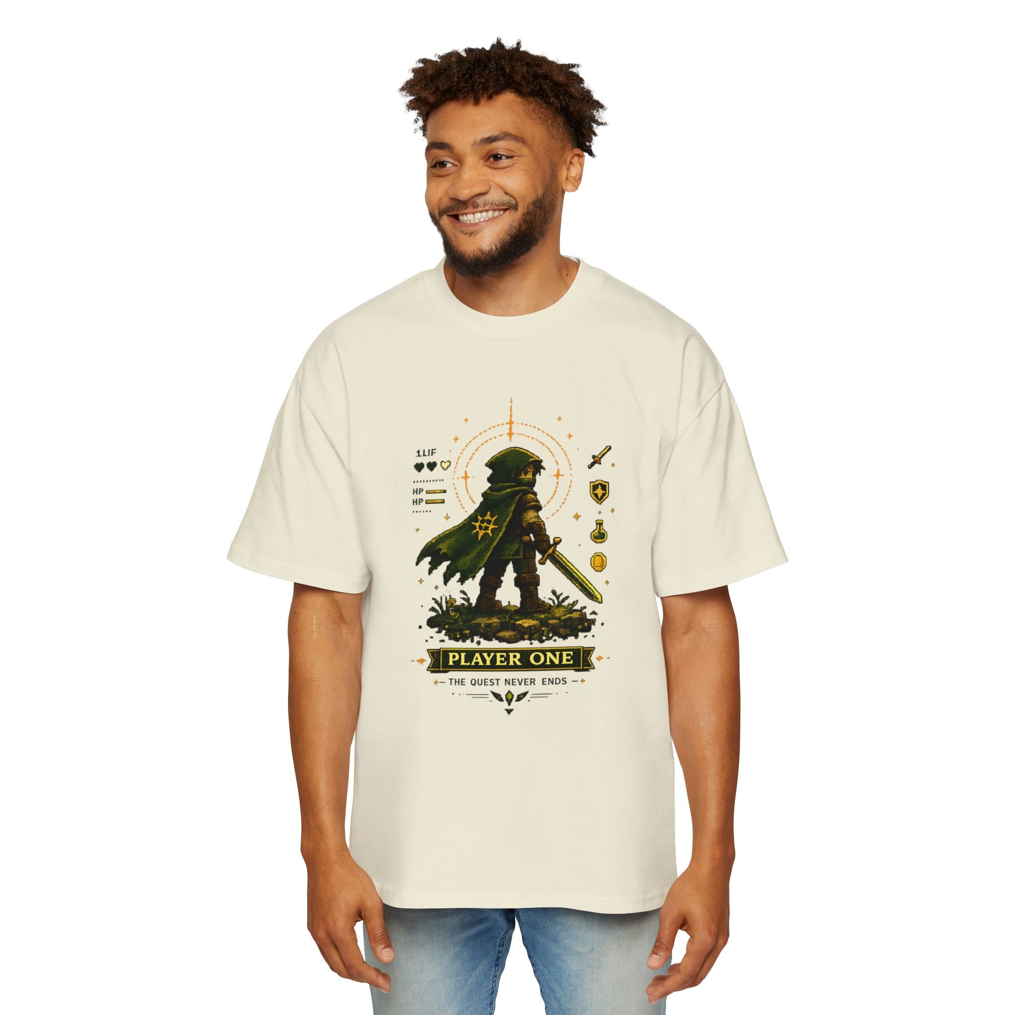 Merch Lobby™ - The Quest Never Ends Oversized T-Shirt (Retro Pixel RPG Graphic Tee)