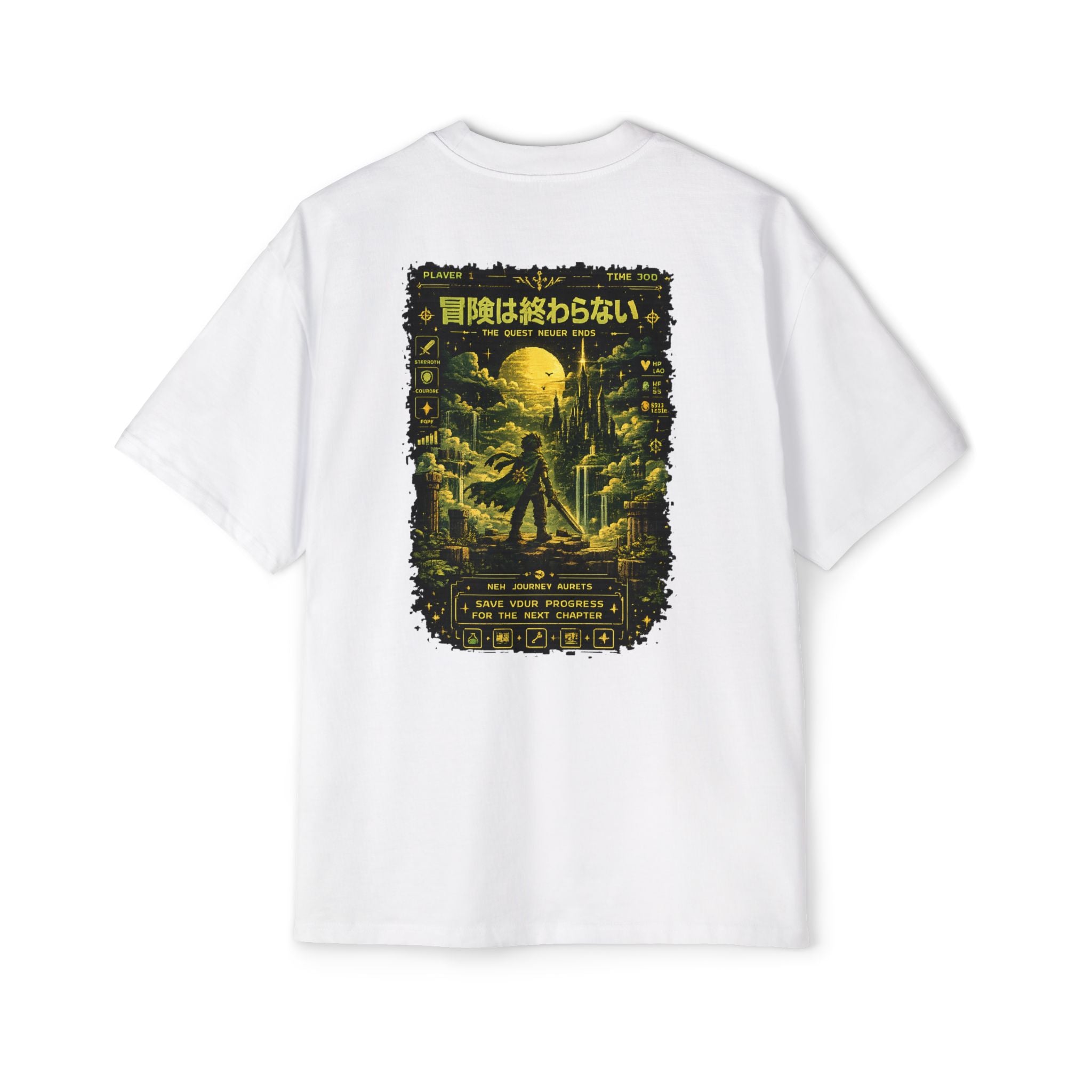 Merch Lobby™ - The Quest Never Ends Oversized T-Shirt (Retro Pixel RPG Graphic Tee)