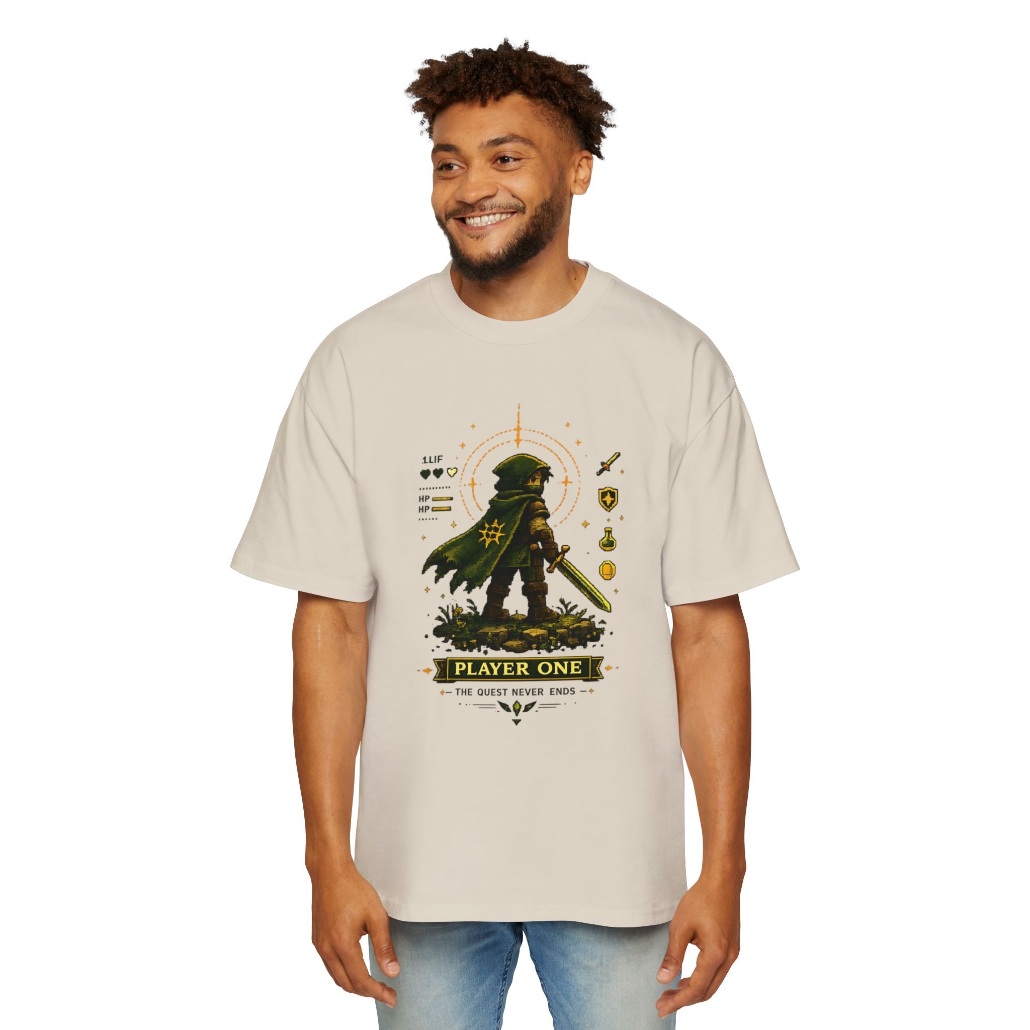 Merch Lobby™ - The Quest Never Ends Oversized T-Shirt (Retro Pixel RPG Graphic Tee)