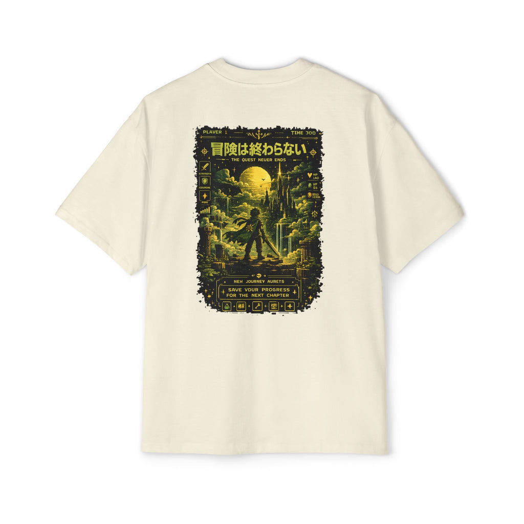 Merch Lobby™ - The Quest Never Ends Oversized T-Shirt (Retro Pixel RPG Graphic Tee)