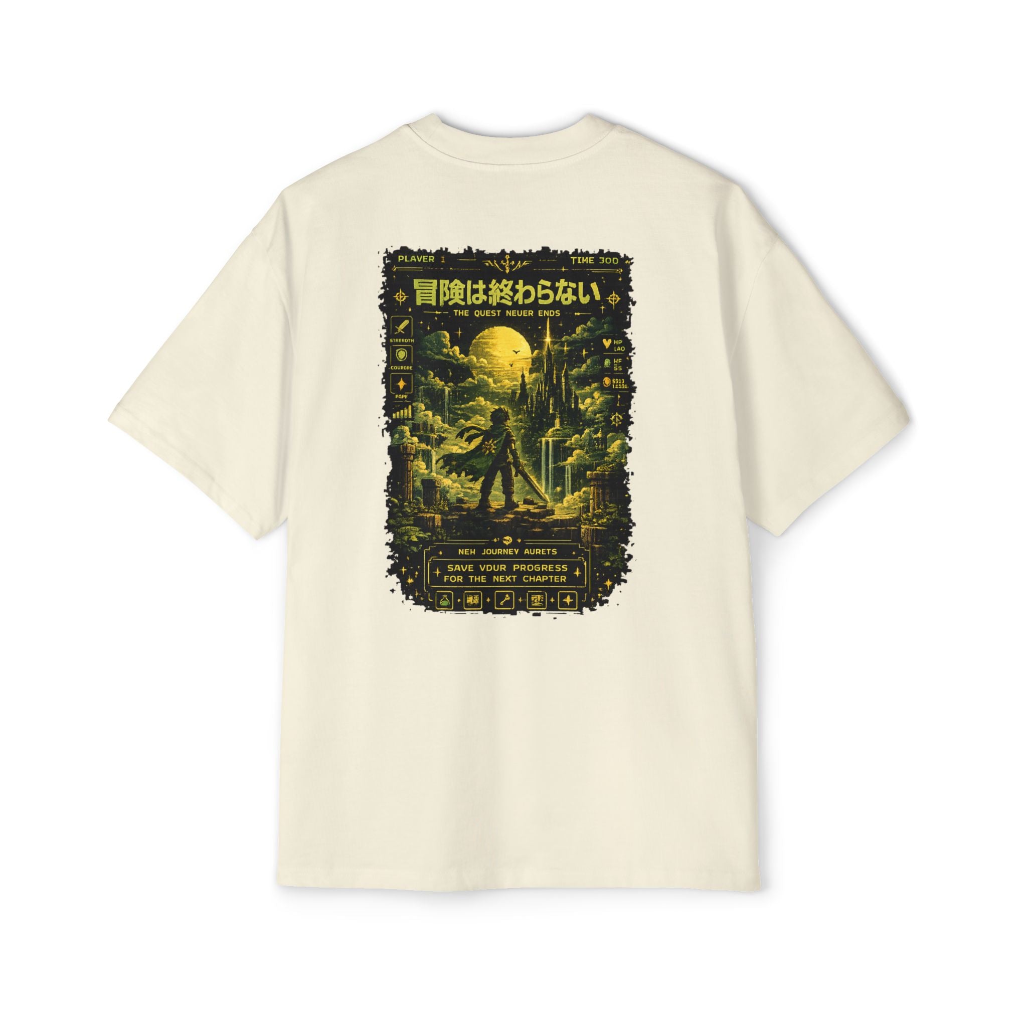 Merch Lobby™ - The Quest Never Ends Oversized T-Shirt (Retro Pixel RPG Graphic Tee)