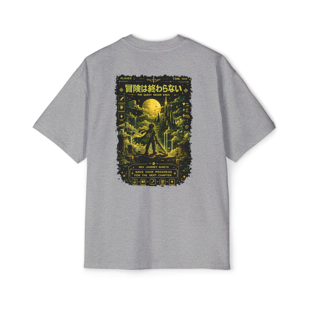Merch Lobby™ - The Quest Never Ends Oversized T-Shirt (Retro Pixel RPG Graphic Tee)